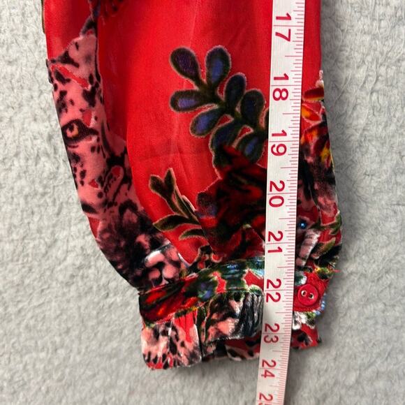 Johnny Was Yoella Floral Velvet Silk Burnout Shirt Red Bobcat Forest XS NWT - Picture 7 of 10